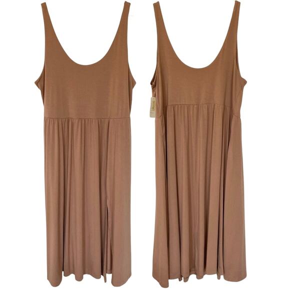 NEW A NEW DAY Midi Dress Scoop Neck Slit Hem Tan Size Large Stretchy Knit Rayon - Picture 1 of 4